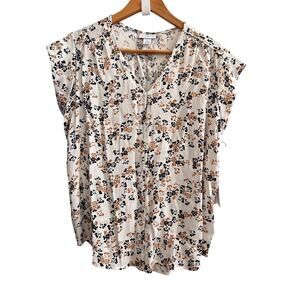 Liz Claiborne Petite Lrg Floral Blouse Cream Tan Navy Abstract Print Cap Sleeve
